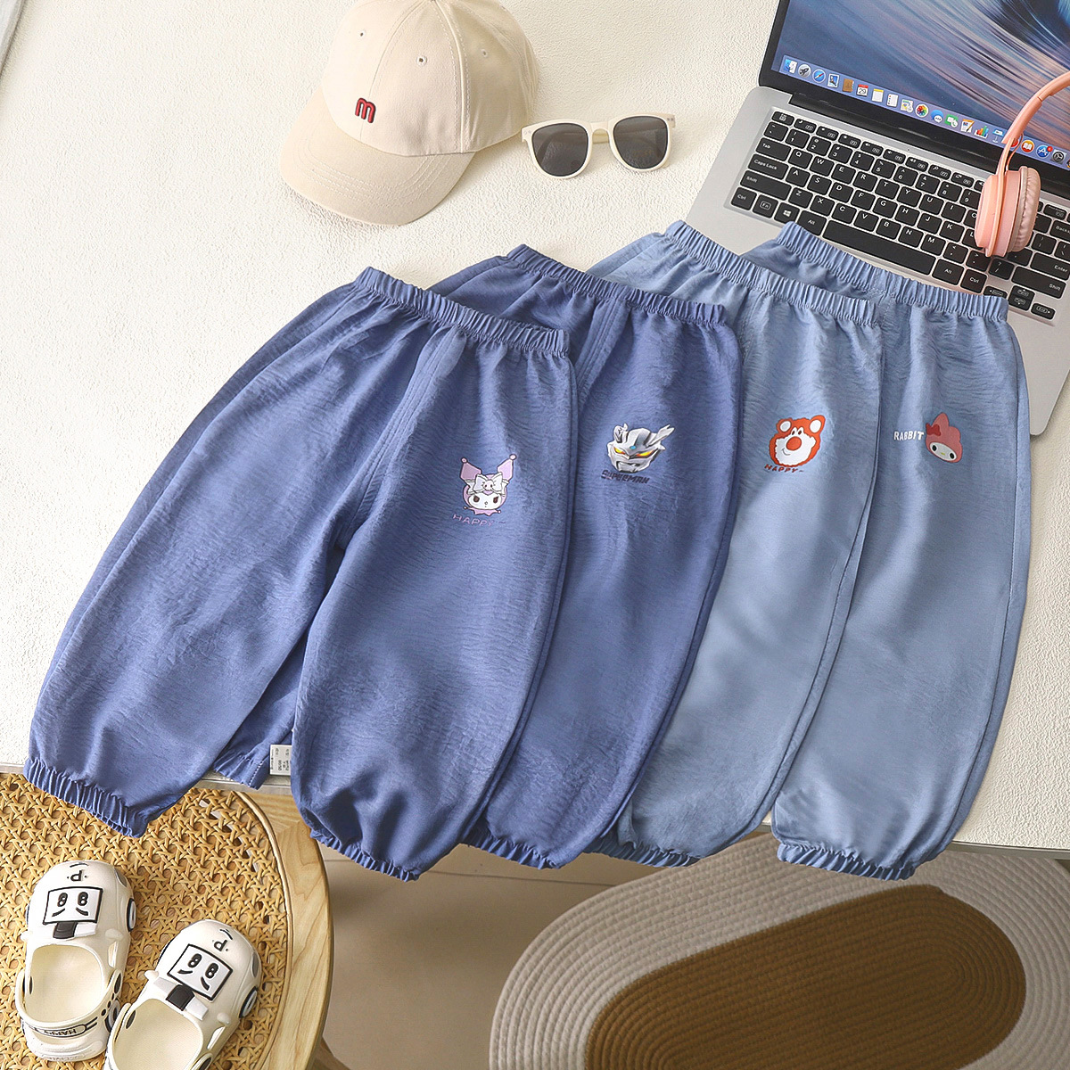 Summer children's mosquito repellent pants, thin long pants for boys and girls, imitation denim pants for medium and large children, lantern pants for toddlers.