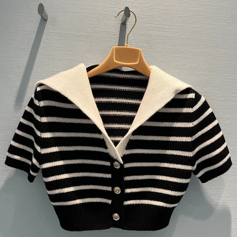 2025 Spring New Style Miu Navy Collar Short Knitwear Short-Sleeved Stripesd Slim Knitwear Small Cardigan for Women