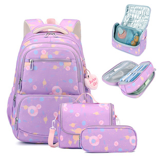 Cross-Border Three-Piece Set of Primary School Students' Schoolbags, Female New Cartoon Printed Material, Junior High School Students' Schoolbags, Burden-Reducing Campus Backpacks