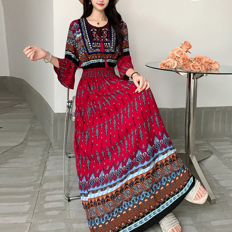 Ethnic style cross-border long skirt high waist half sleeve large swing skirt round neck half sleeve Beach Skirt plus size cotton silk dress Ethnic style cross-border long skirt high waist half sleeve large swing skirt round neck half sleeve Beach Skirt plus size cotton silk dress