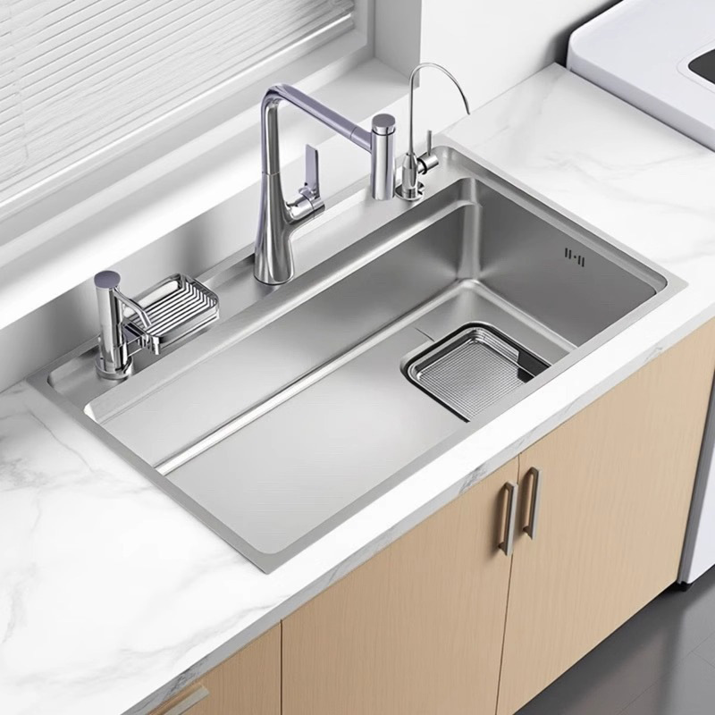 4mm Extra-Thick Japanese-Style Embossed Stainless Steel Large Single Sink Kitchen Sink with Large Residue Catcher for Home Use