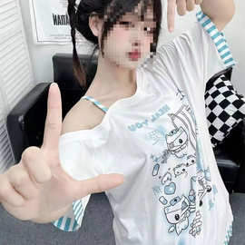 日系卡通小猫条纹斜领辣妹水色印花短袖上衣松软亚文化T恤图片色