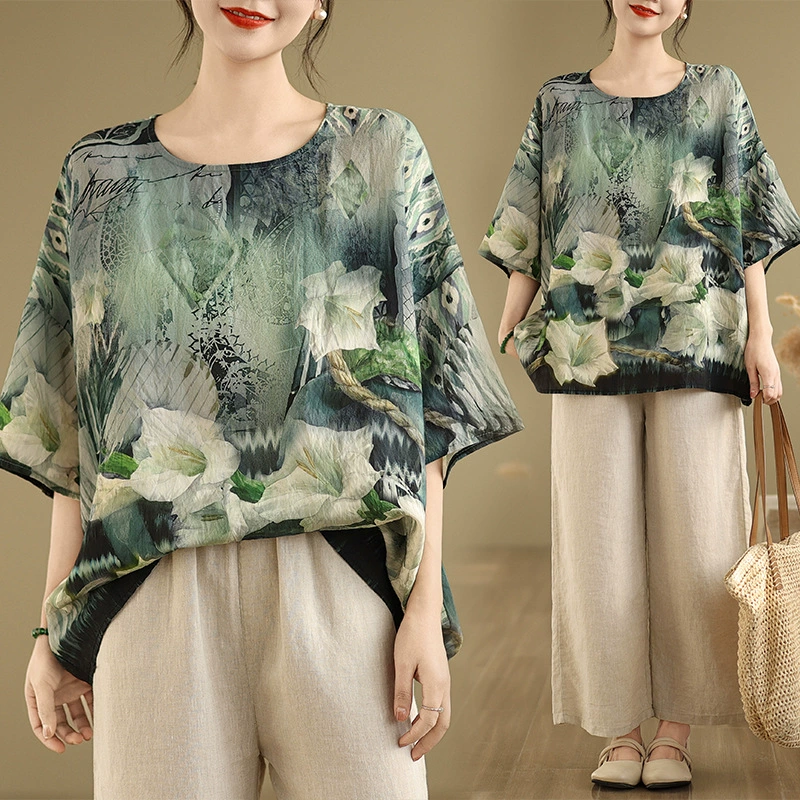 На самом деле стреляй в 2025 году, новый летний хлопок, национальный ветер, летучая мышь рукава, свободные большие размеры, женская футболка с круглым вырезом, женская 91865 #