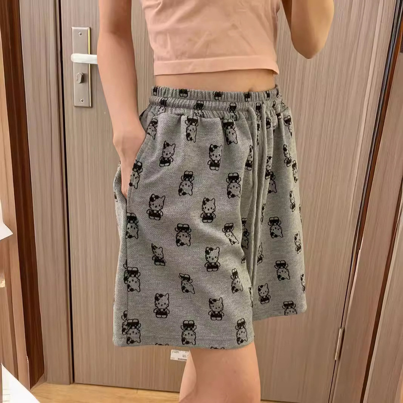 New Style Home Pants Outer Wearing Printed Loose-fit Waist Kitty Cat Casual Sports Wide Leg Shorts Women's Summer Ins