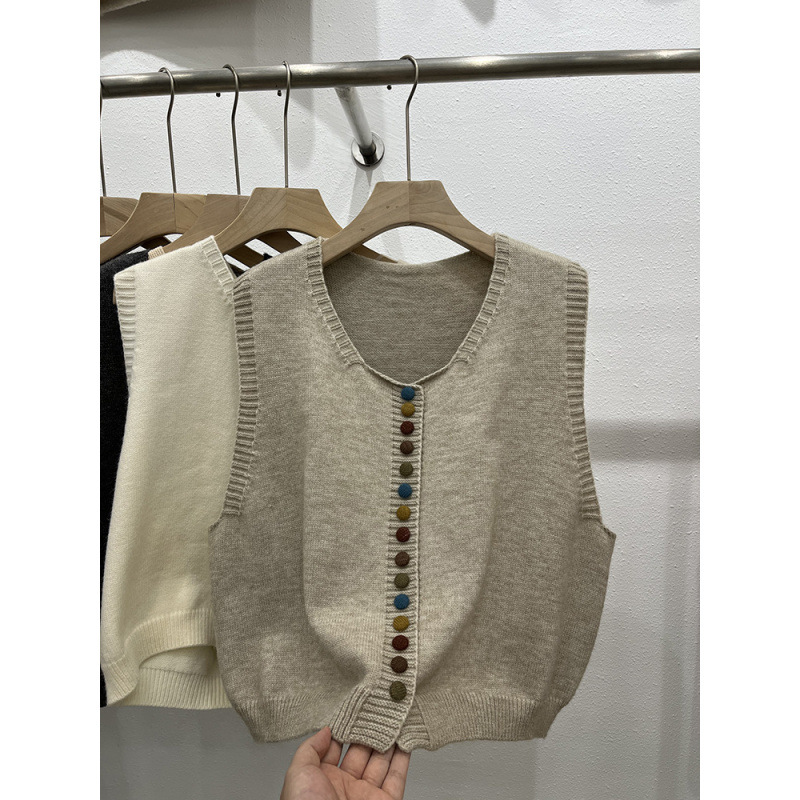 Retro arcoíris botón de cuello redondo chaleco de punto para mujeres 2025 otoño y invierno nuevo plegado para vestir una camisa universal para mujeres image 9