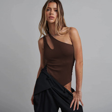 欧美时尚新款女装 2023夏季性感修身单肩镂空纯棉罗纹连体衣女