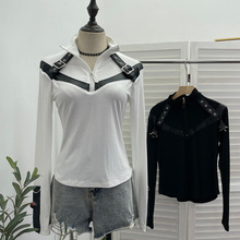 实拍 美式朋克立领长袖T恤衫皮扣拼接修身上衣辣妹高领打底衫8965