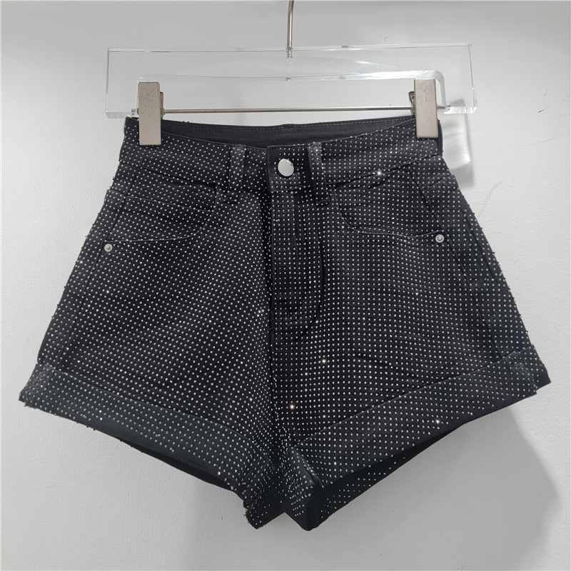 Pantalones Cortos Jeans con Pedrería para Mujer de Poliéster, Cintura Alta, Estilo Ultra Corto