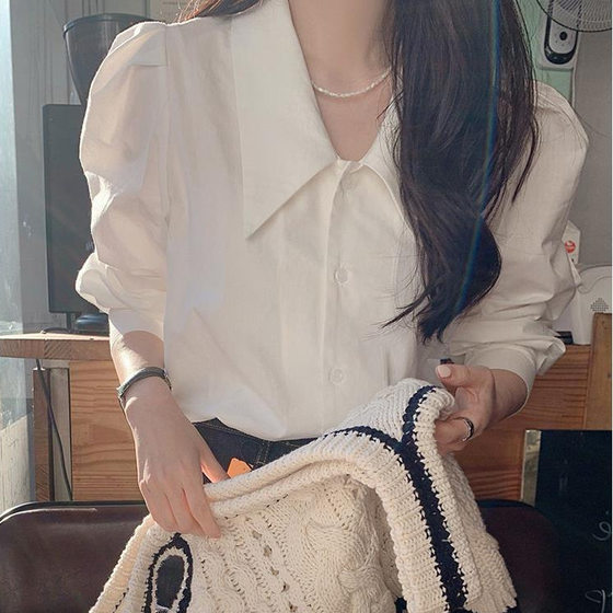 White French style shirt for women Spring and Autumn design sense niche top fashionable fashionable chic puff sleeve pointed collar shirt