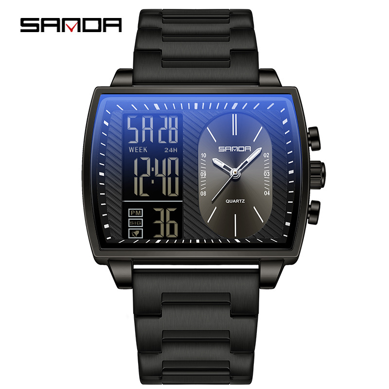 SANDA SANDA 6163 nuevo reloj electrónico de moda doble pantalla multifuncional reloj de hombre impermeable calendario de luz nocturna reloj de hombre