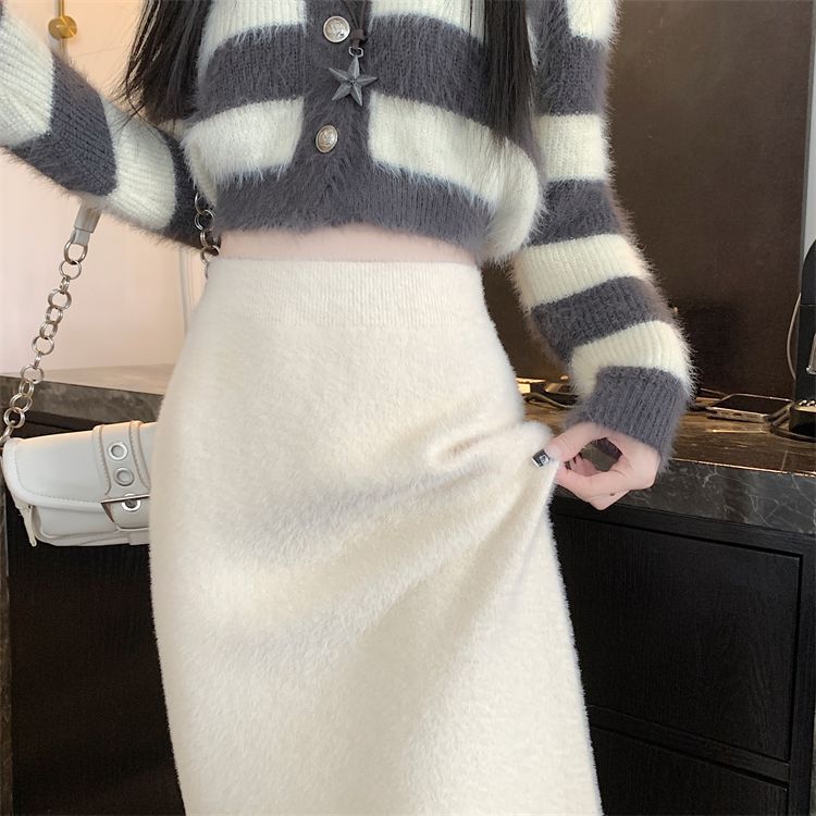 仿貂绒半身裙女秋冬款高腰显瘦直筒开叉加厚针织衫一步裙纯色长裙|undefined