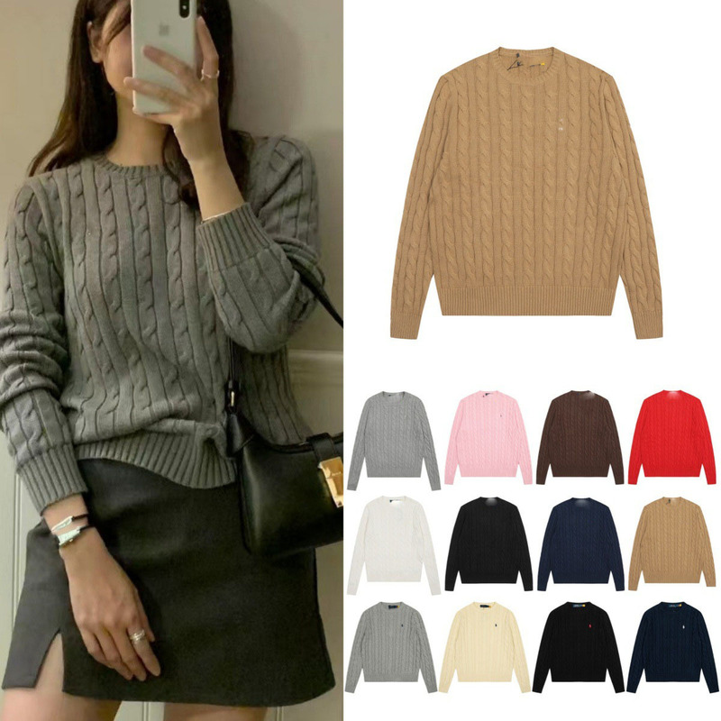 High-Quality Rl Ruffle Horse Embroidery Polo Twist Round Neck Long Sleeve Pullover Knitwear Women's Autumn and Winter Classic Top