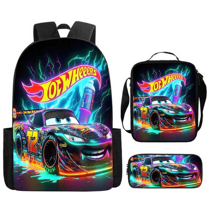 Hotwheels Racing School Bag Three-Piece Set for Primary School Students: Backpack + Lunch Bag + Pencil Case Set