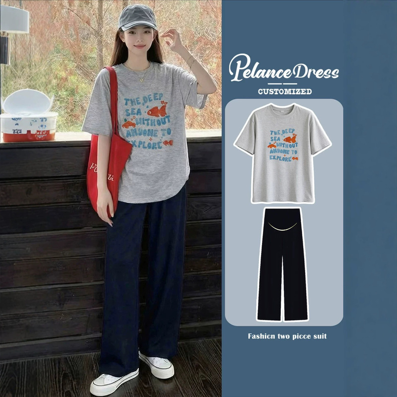 Maternity wear gray short-sleeve t-shirt, thin, 2026 new summer style, loose-fitting, half-sleeve, Korean style, unique and beautiful top set Maternity wear gray short-sleeve t-shirt, thin, 2026 new summer style, loose-fitting, half-sleeve, Korean style, unique and beautiful top set