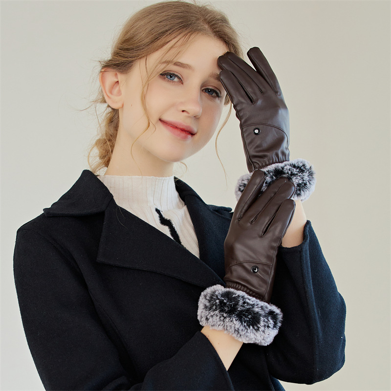 Simple casual leather gloves women's autumn and winter outdoor riding touch screen gloves fleece warm PU gloves_voghion.com