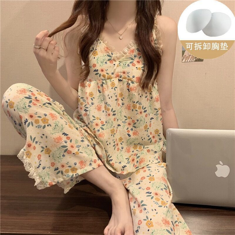 Internet Celebrity High Quality Imitation Cotton Small Floral with Chest Pad Suspender Trousers Pajamas Women's Loose Casual Sweet Girly Suit