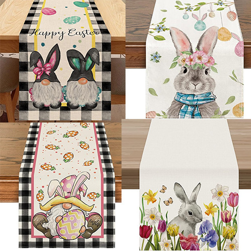 Camino de mesa transfronterizo superventas en Amazon, la nueva decoración para el hogar con temática de conejos de Amazon, mantel de lino estampado para mesa de comedor.
