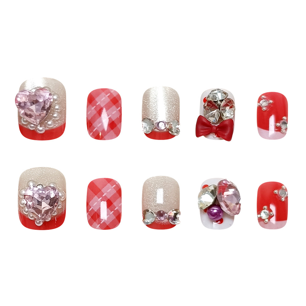 10 piezas de puntas de uñas estilo ojo de gato con diseños diferentes, puntas de uñas cortas con forma de corazón y diamantes de imitación, puntas de uñas hechas a mano con un toque de alta gama.
