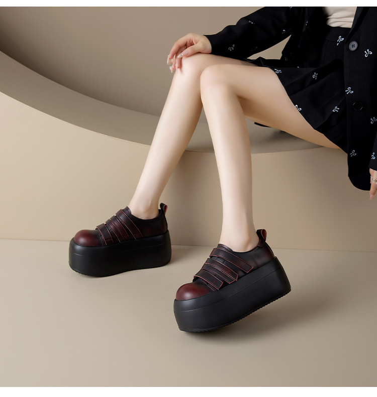 Giày loafer da thật đế xuồng cao 8cm, cổ miệng sâu, khóa Velcro tiện lợi — Màu đen, Màu đỏ chi tiết 13