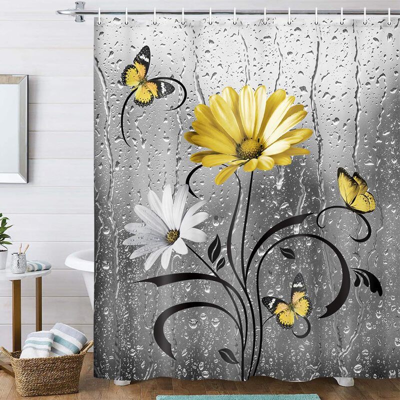 Rustic Yellow Floral Boho Shower Curtain Country Farmhouse Daisy Flowers and Butterflies Bath Curtain for Bathroom Decor