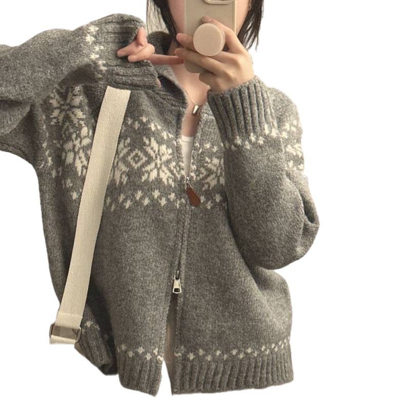 Chique coreano otoño invierno nicho retro Jacquard diseño suelto multifacé camiseta de manga larga suéter chaqueta mujer image 5