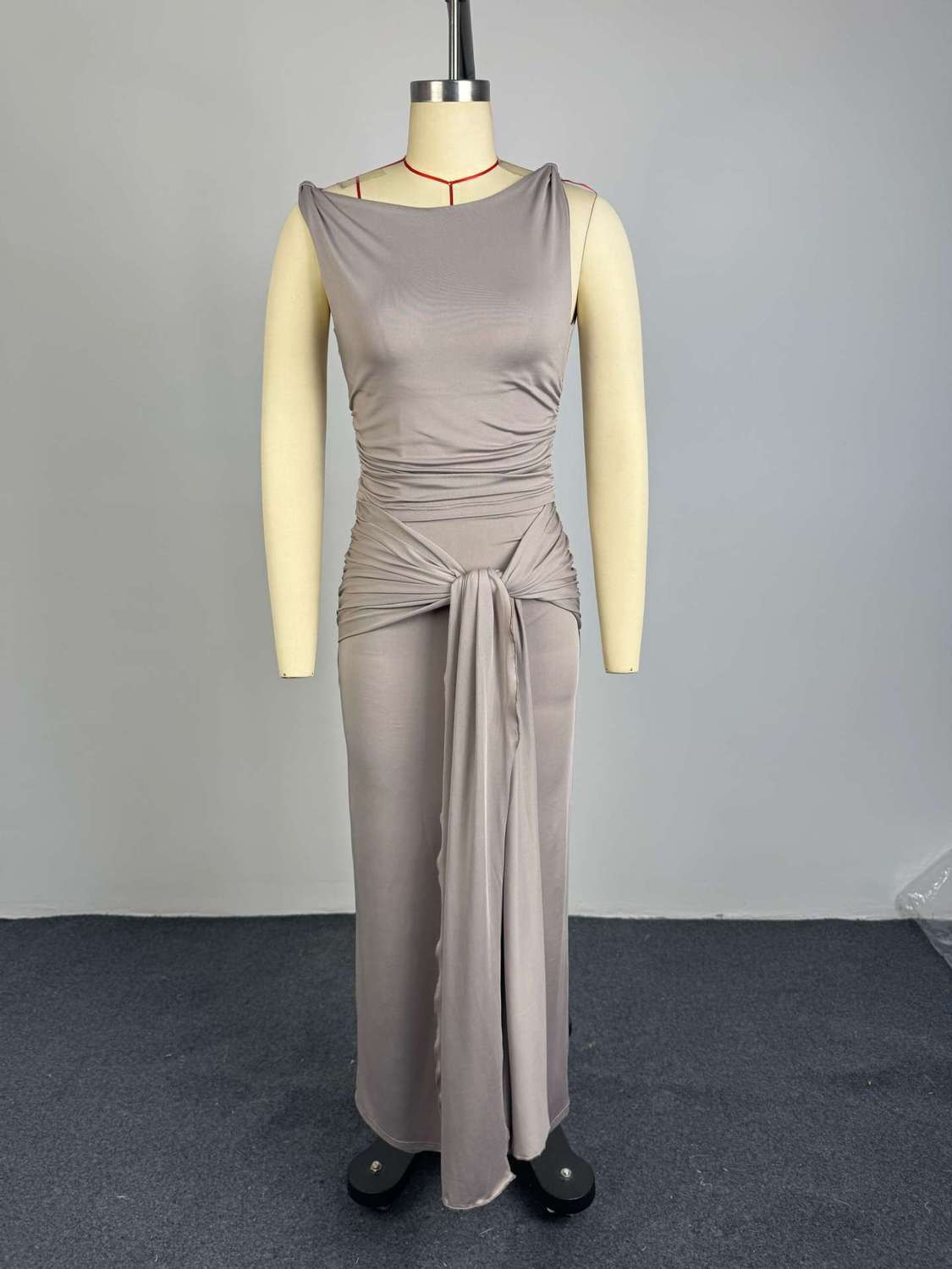 Women's Clothing Summer Style Women's Elegant Solid Color Sleeveless Top And Tie Up Slim Skirt Set Clothing_ecoleips.com