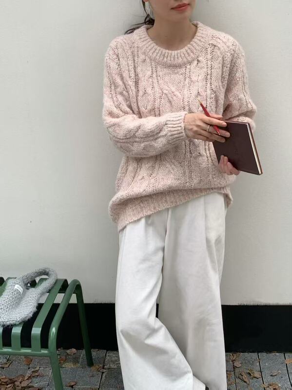 秋冬基础款麻花套头毛衣女宽松纯色软糯圆领长袖针织百搭内搭女装|undefined