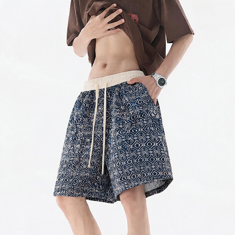 High-End Ethnic Style Casual Shorts for Men, Trendy Brand Drawstring Five-Point Pants, Summer Style, Loose Jacquard Beach Shorts for Men