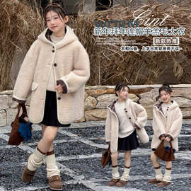 女童外套加厚秋冬中大童韩版宽松休闲连帽毛毛衣拼格子羊羔毛大衣