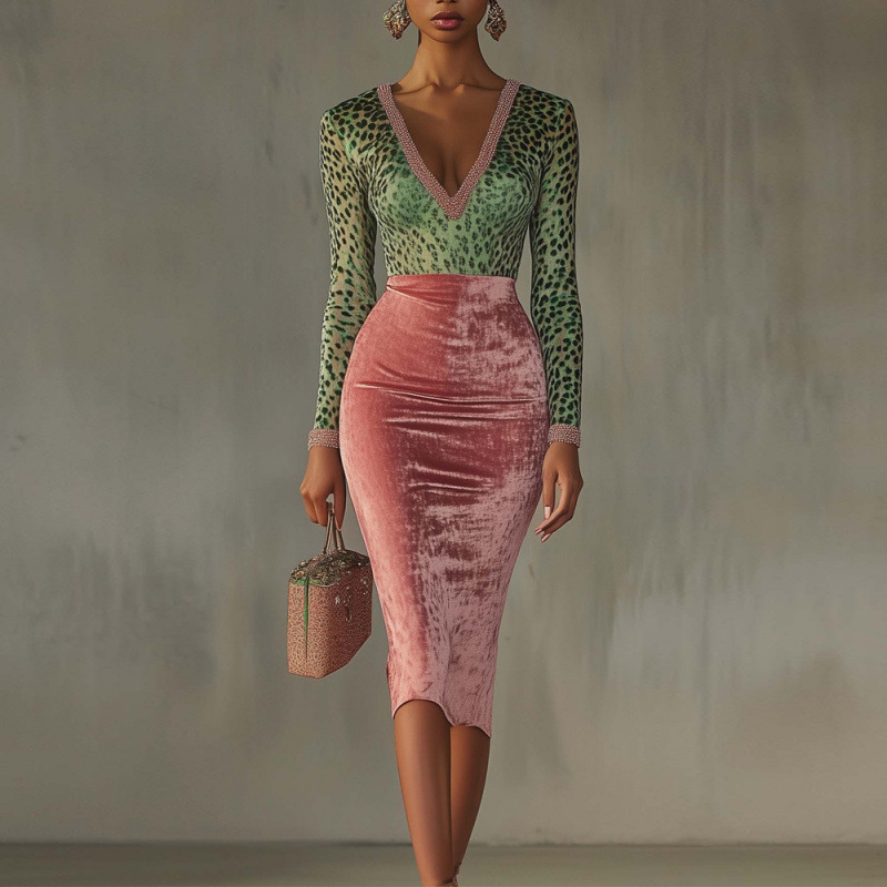 亚马逊欧美跨境2025秋季新款金丝绒拼接弹力修身包臀高腰连衣裙女