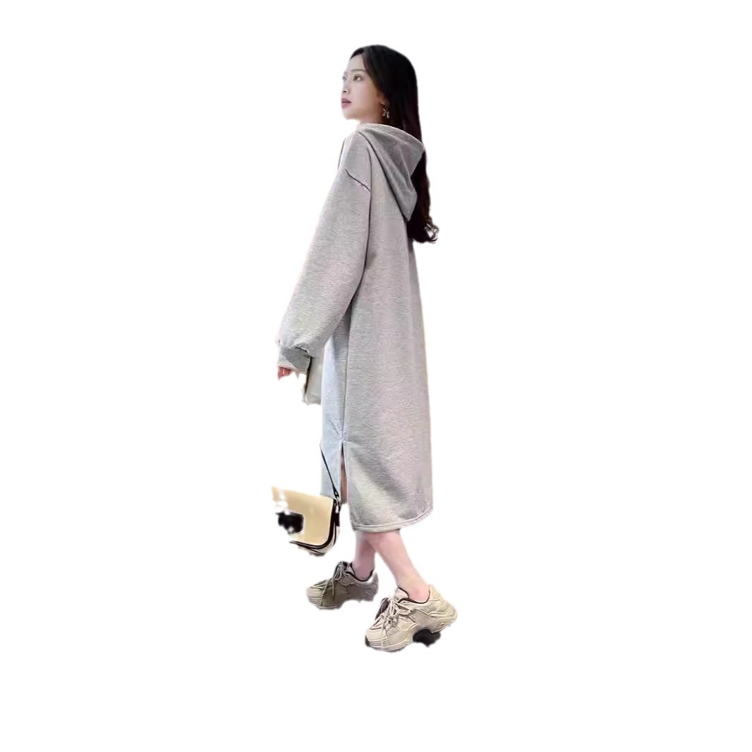 가을과 겨울 기모 긴 무릎 위 땀 원피스 편지 여성의 한국식 느슨한 두꺼운 캐주얼 긴 원피스 트렌디