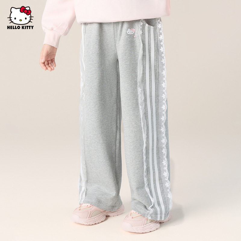 HelloKitty凯蒂猫女童秋季卫裤2025新款蕾丝花边中大童装阔腿裤子|undefined