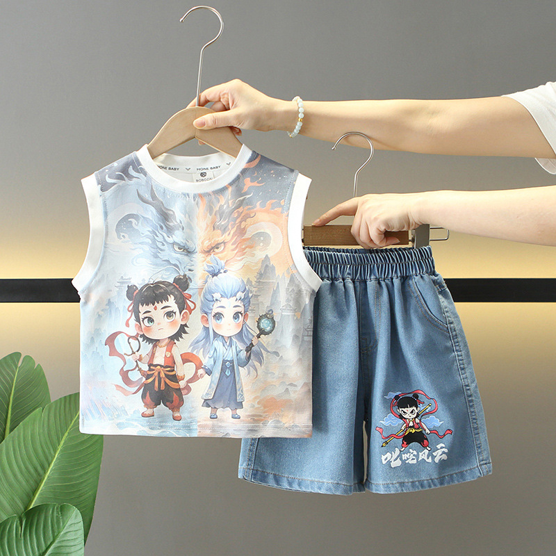8197 Nezha traje sin mangas de verano para niños 2025 nuevo chaleco delgado de moda para niños de dos piezas para bebés