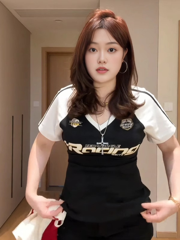 アメリカンスタイルの右肩プリント半袖Tシャツ、夏のホットガール向け、スリムショートデザイン、スリムコントラストカラートップイン|undefined