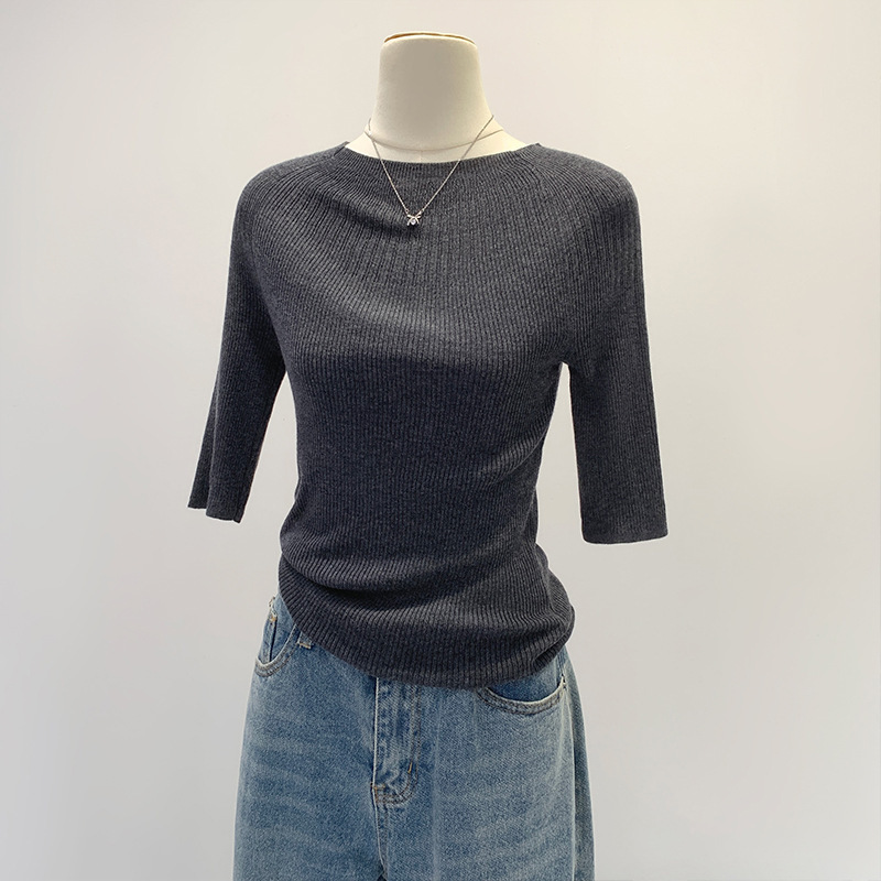 2026 Early Spring In-Stock French-Style Dopamine Off-Shoulder Mid-Sleeve Knit Top for Women, New Autumn Slim Fit Exposed Shoulder Design