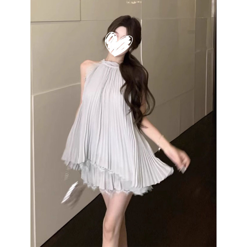 法式纯欲风多巴胺挂脖无袖背心女2025夏新款蕾丝花边半身裙两件套|undefined