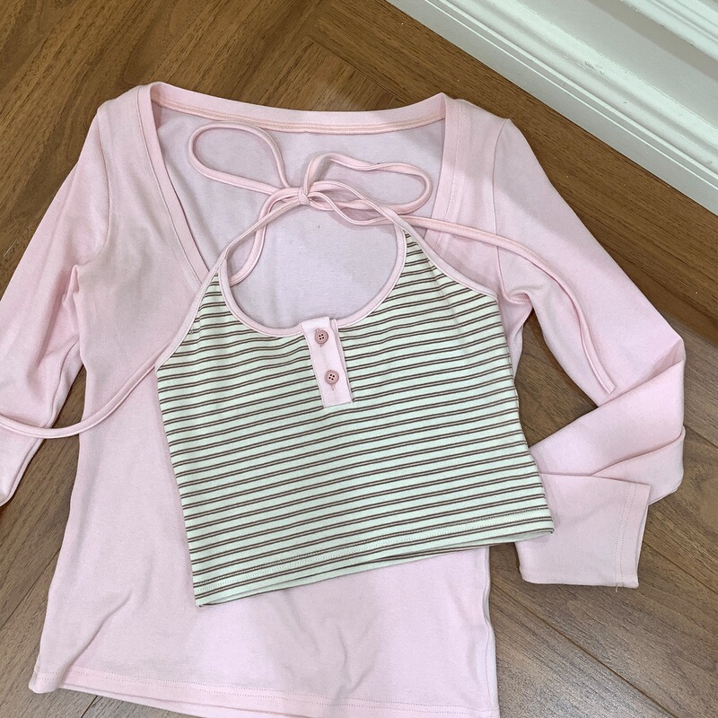 Rayon 260g Pink Striped Sweet Long-Sleeve T-Shirt for Women, Spring Slim Fit Unique Base Layer Two-Piece Set Rayon 260g Pink Striped Sweet Long-Sleeve T-Shirt for Women, Spring Slim Fit Unique Base Layer Two-Piece Set