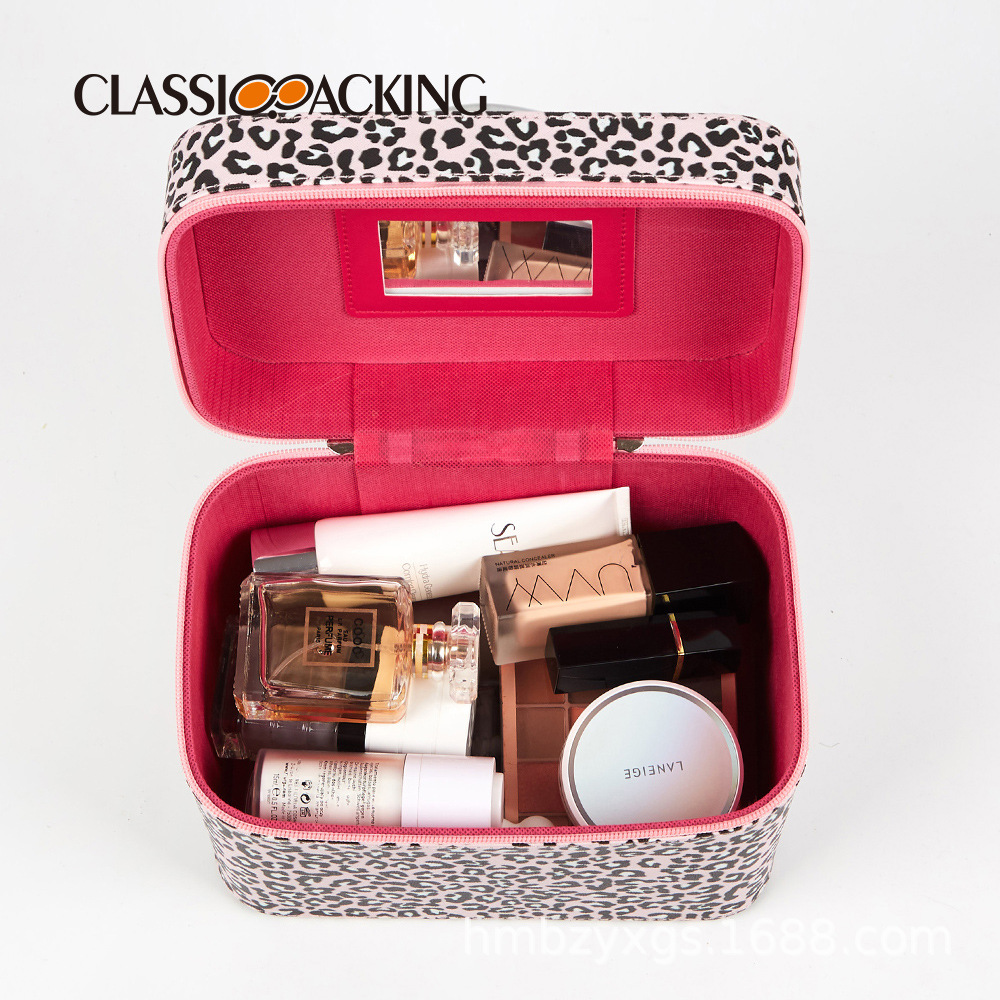 Caja de belleza portátil de PVC con estampado de leopardo al por mayor, bolsa de cosméticos impermeable portátil de viaje de negocios, material intercambiable, logotipo