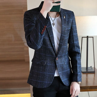 2021常年款男装单西服外套韩版青年商务休闲格子一粒扣修身西装男