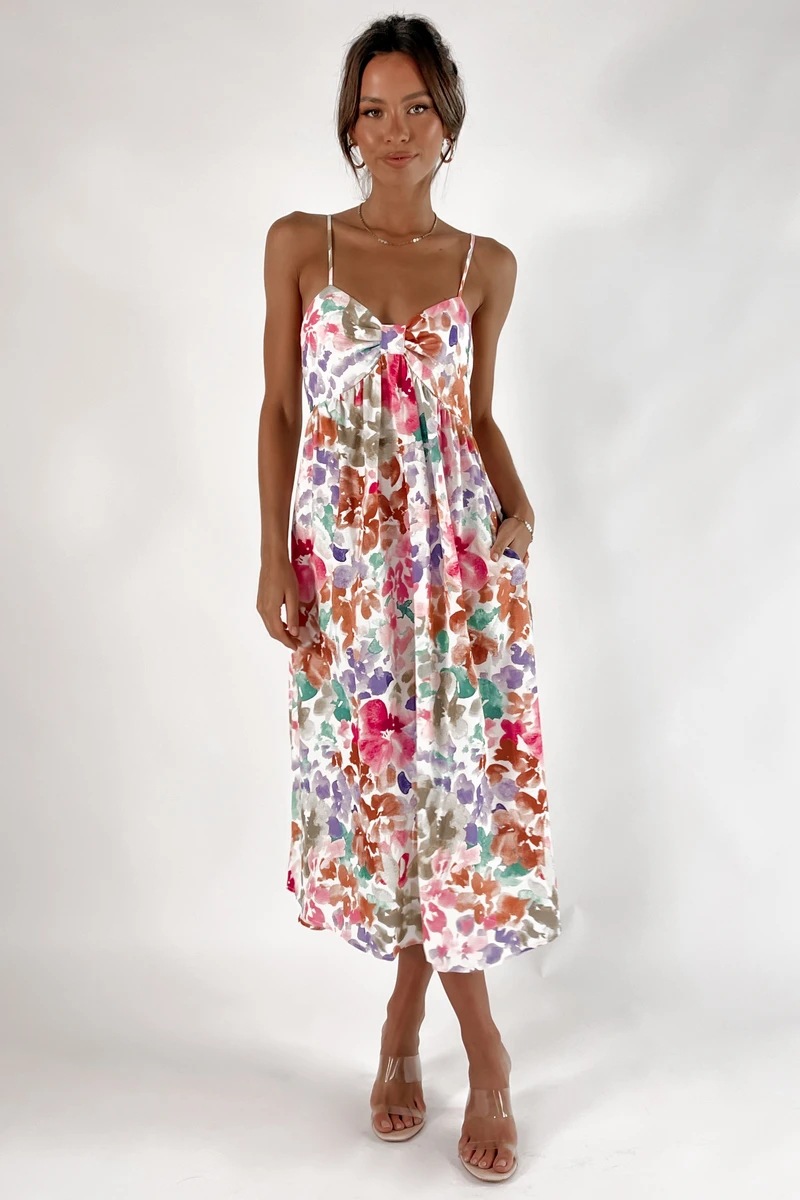 color matching print low-cut sling long dress  NSCXY121979