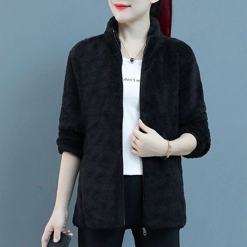 Women's Short-Sleeve Double-Faced Plush Fleece Coat, Plus Size Coral Fleece Autumn/Winter Thick Warm Fleece Top