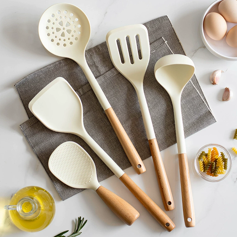 Силиконовый набор кухонных принадлежностей, деревянная ручка, термостойкие антипригарные инструменты (множество цветов)