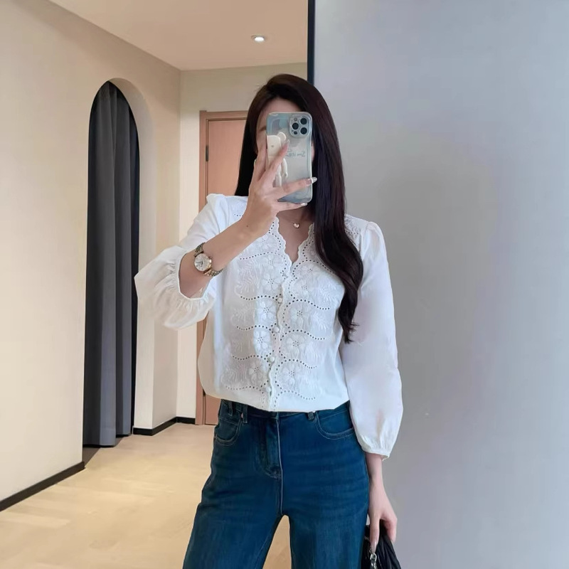 French-Style Girly Embroidered Pleated Long-Sleeve Pure Cotton V-Neck Shirt for Women, Slim Fit, Regular Shoulder Top, Spring Ed36