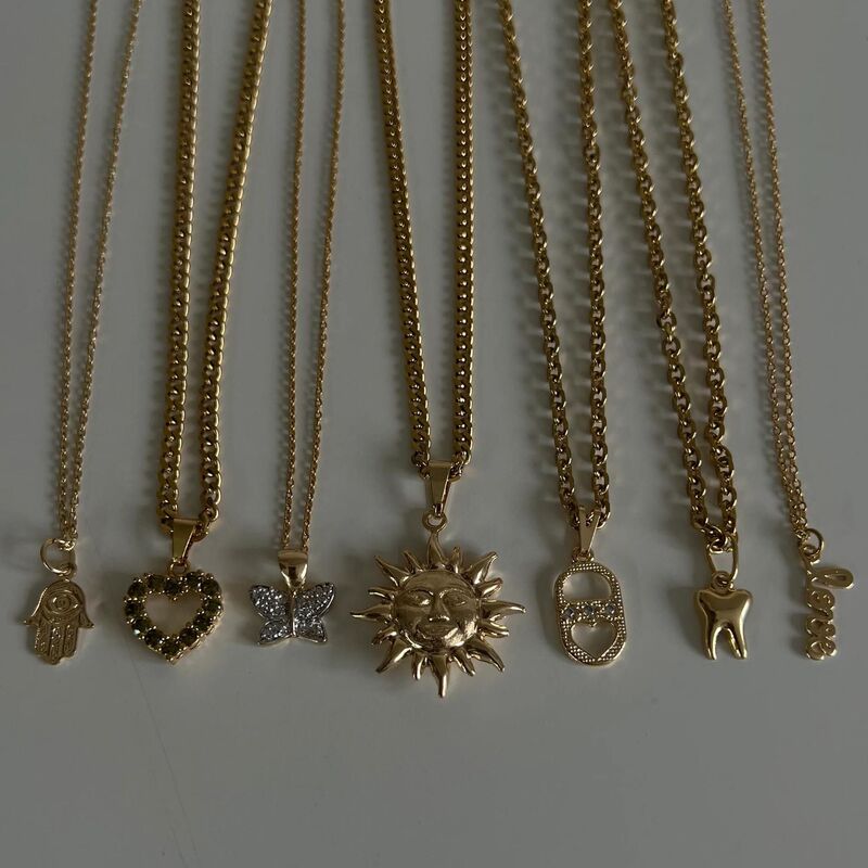 New Hamsa Hand Love Heart Diamond Butterfly Tooth Big Sun Pendant Zircon Necklace