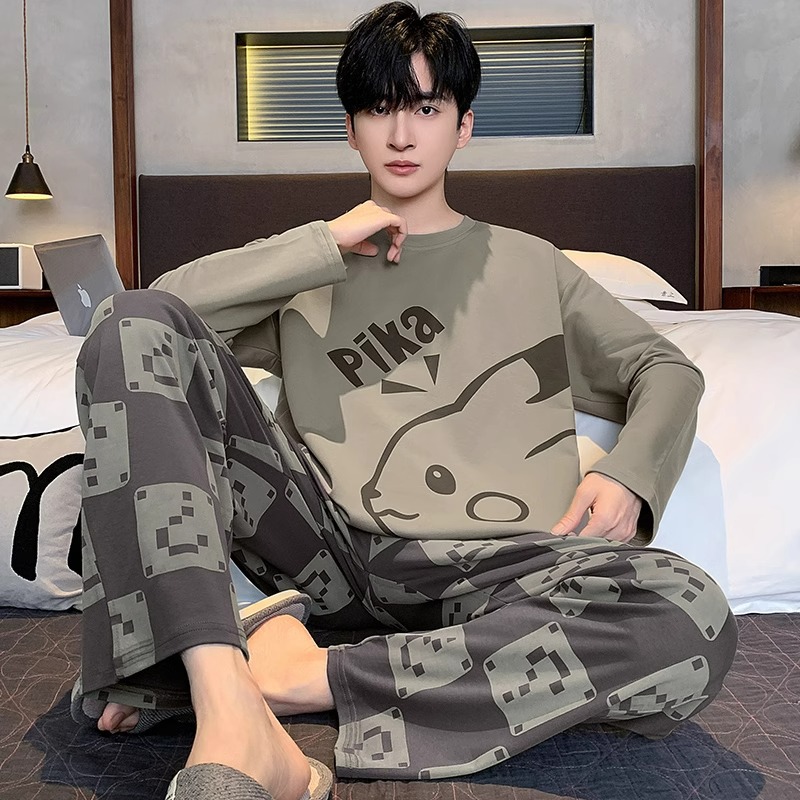 Spring and Autumn 2025 Pajamas Men's New Long Sleeve Suit Teenagers Cartoon Junior High School Students Large Size Summer Home Clothes
