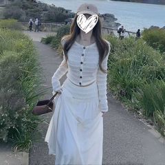 灰色条纹针织套装连衣裙子女2025新款秋季绝美韩系穿搭一整套长裙