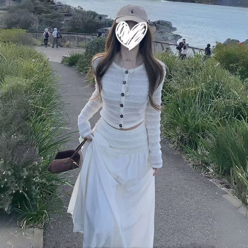 灰色条纹针织套装连衣裙子女2025新款秋季绝美韩系穿搭一整套长裙|undefined