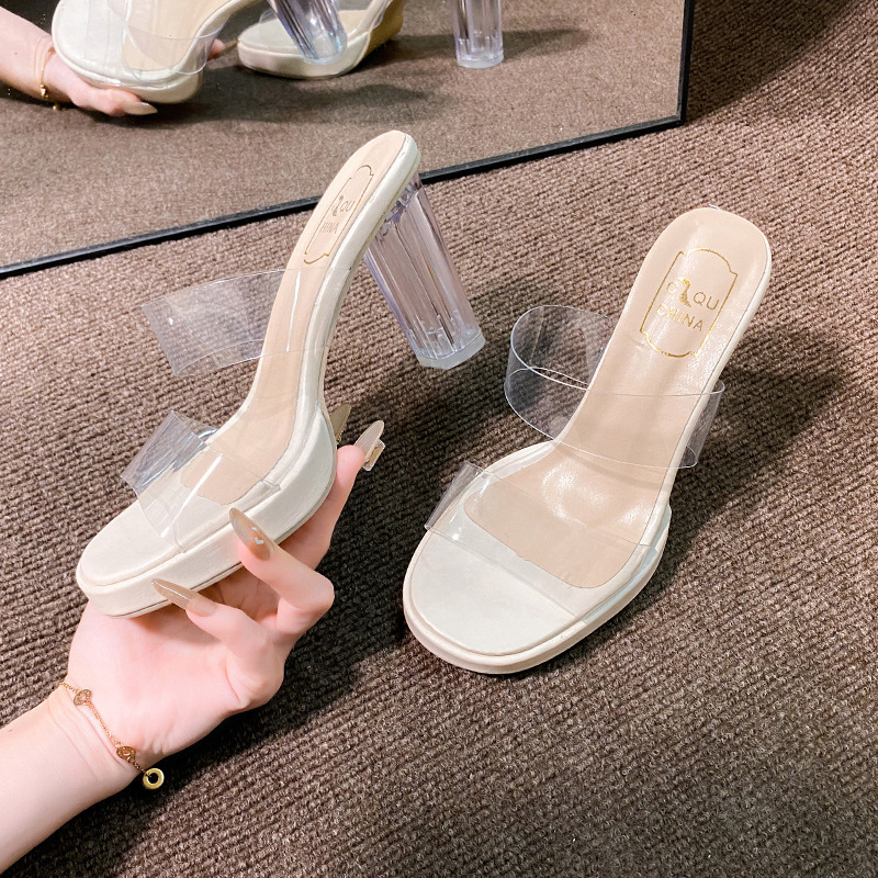 女性のためのハイヒールスリッパ 2025 夏の新しいスタイルのワンストラップ PVC アウターファッションクリスタルヒールスリッパレディース|undefined
