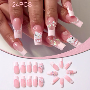 Cross-Border 24-Piece Pink Kitty Cat Wearable Nails Aurora Bow French Water Pipe Nails Wearable Nails