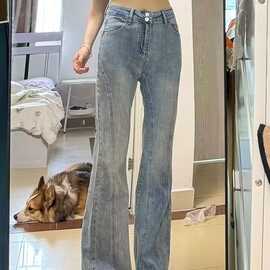 设计感重工铆钉微喇牛仔裤女2025春季新款褶皱高腰显瘦弹力喇叭裤